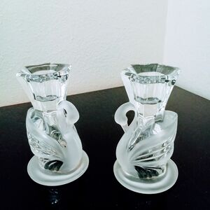Crystal Swan Candlestick Holders Set of 2 Vintage 4" tall